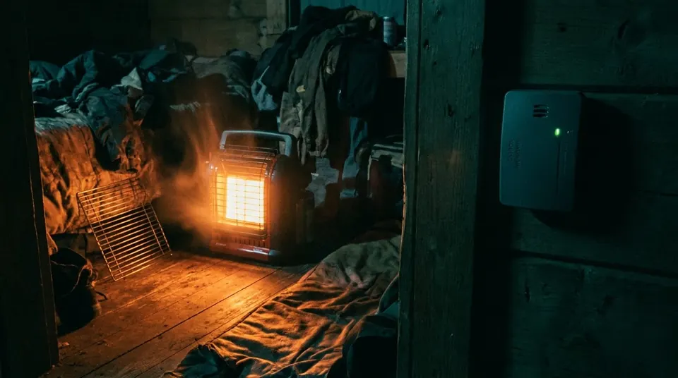 Portable propane heater glowing in a dark room with a CO alarm on the wall