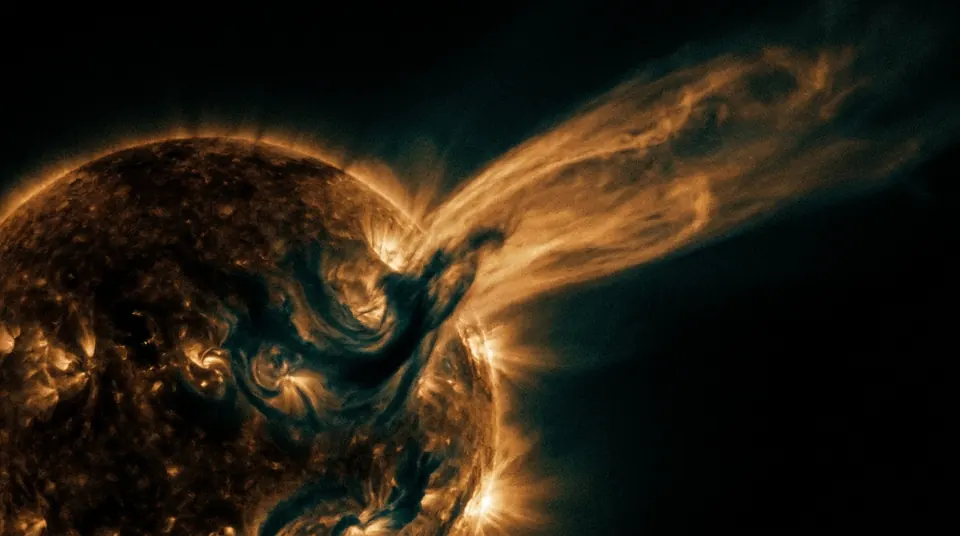 The Sun releasing a large solar flare and coronal mass ejection