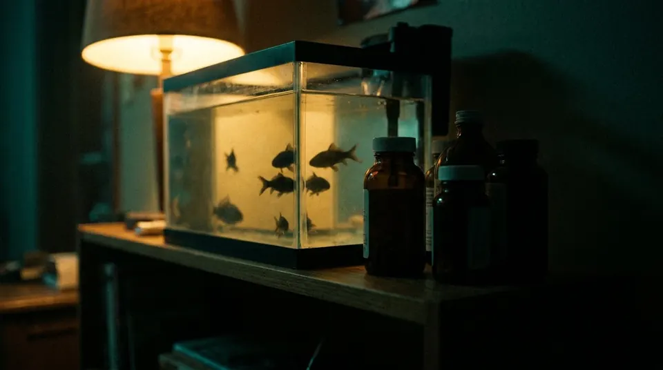 Home aquarium in a dim room with unlabeled medicine bottles on a shelf