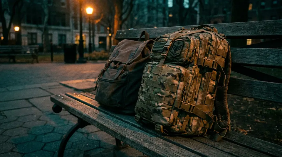 Plain backpack next to a camouflage tactical backpack on a bench