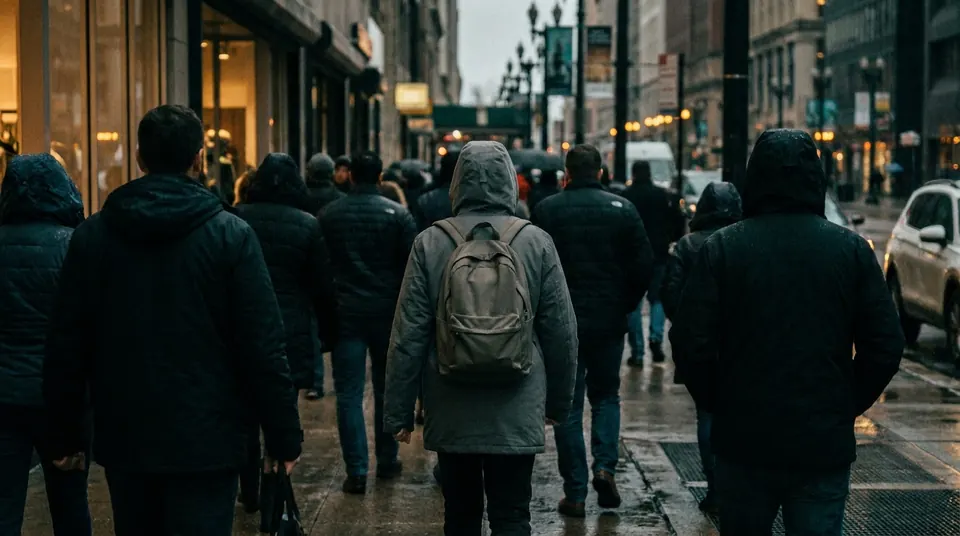 Person in plain gray clothes with a plain backpack blending into a city crowd