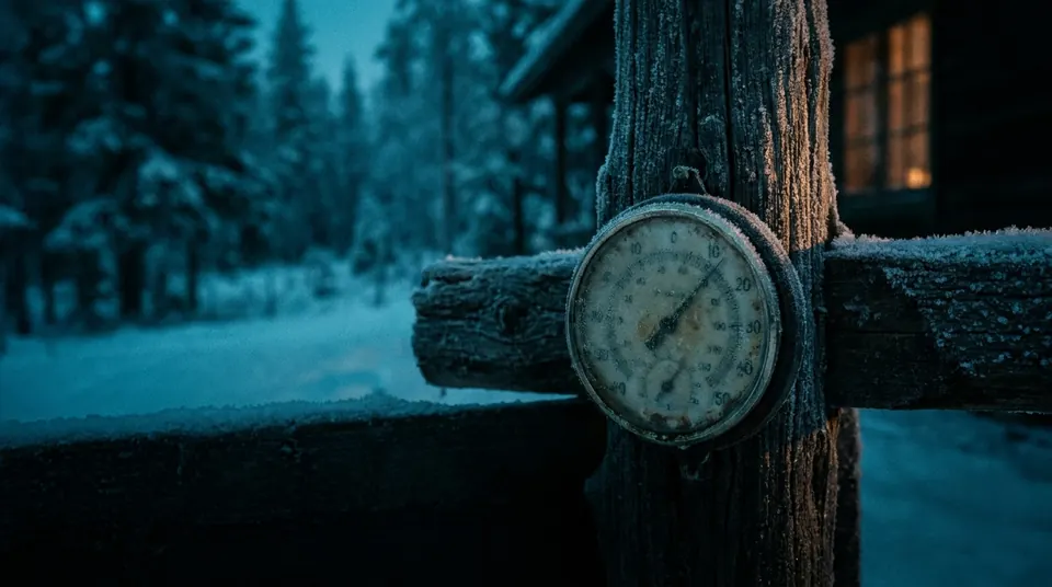 Frosted outdoor thermometer on a wooden post in deep cold