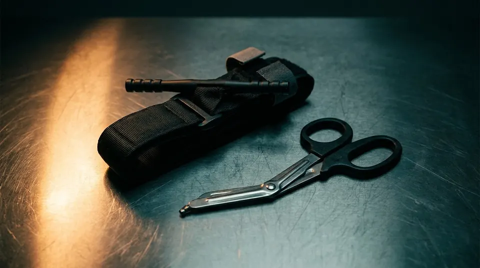 Black windlass tourniquet and trauma shears on a steel surface