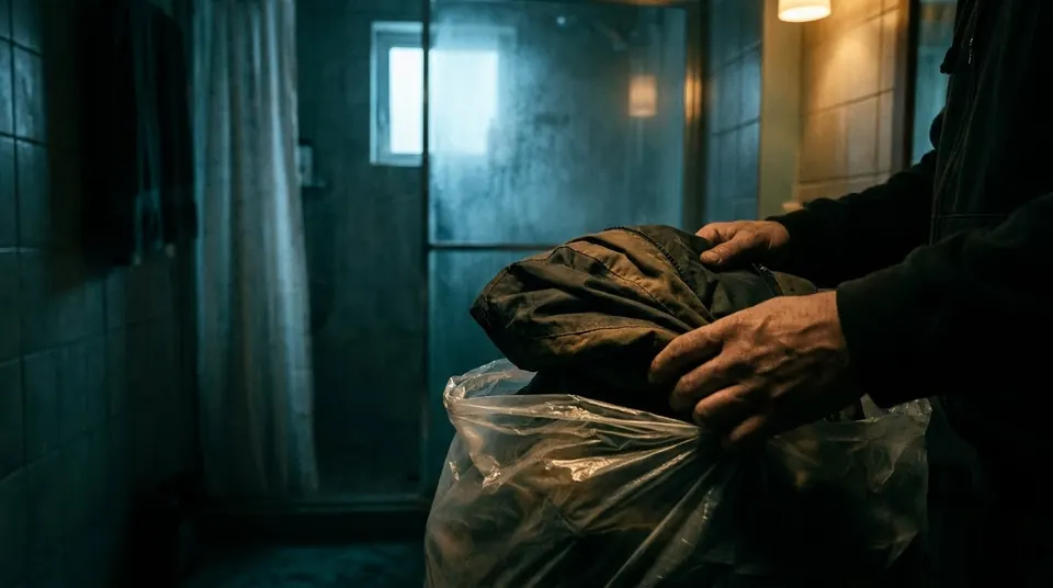 Hands placing an outer jacket into a plastic bag for decontamination