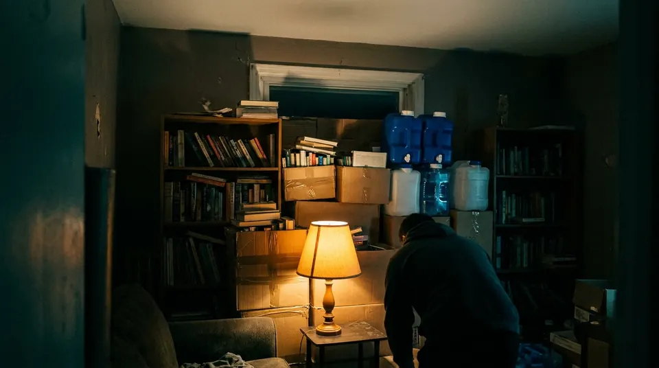 Bookcase, boxes of books and water containers stacked against an interior wall