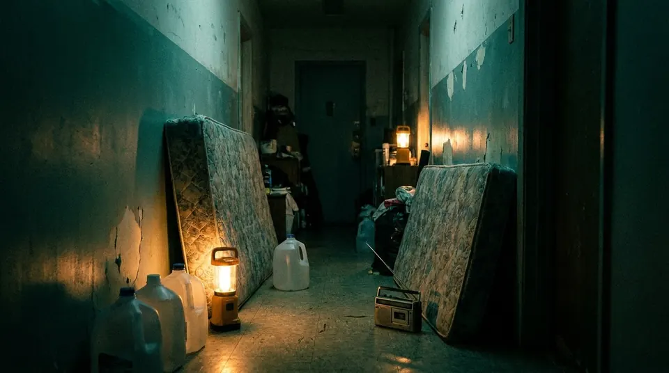 Interior apartment hallway with mattresses, water jugs and a radio for sheltering