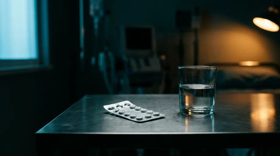 Blister pack of white tablets beside a glass of water on a steel table