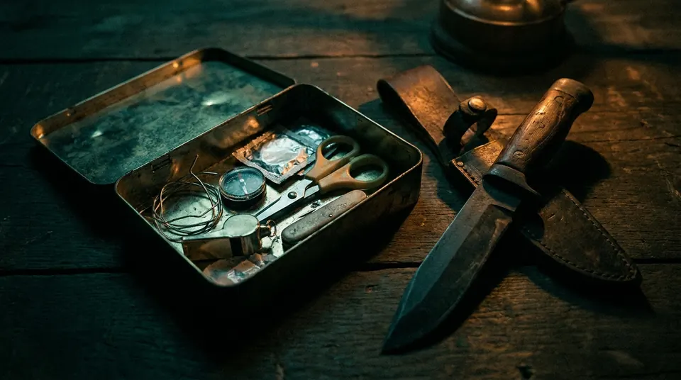 Cheap survival tin kit spilled open next to a single solid knife