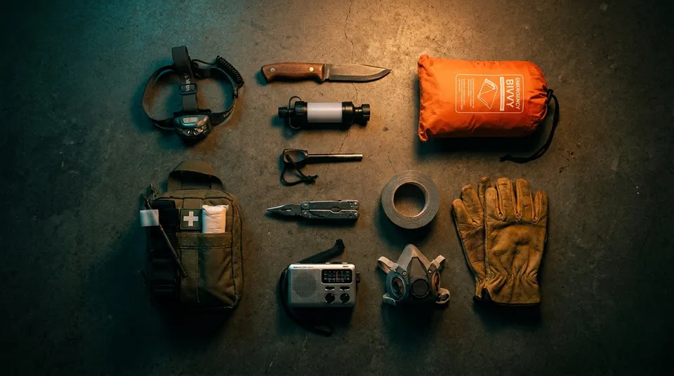 Flat lay of survival gear: headlamp, knife, water filter, first aid kit and radio