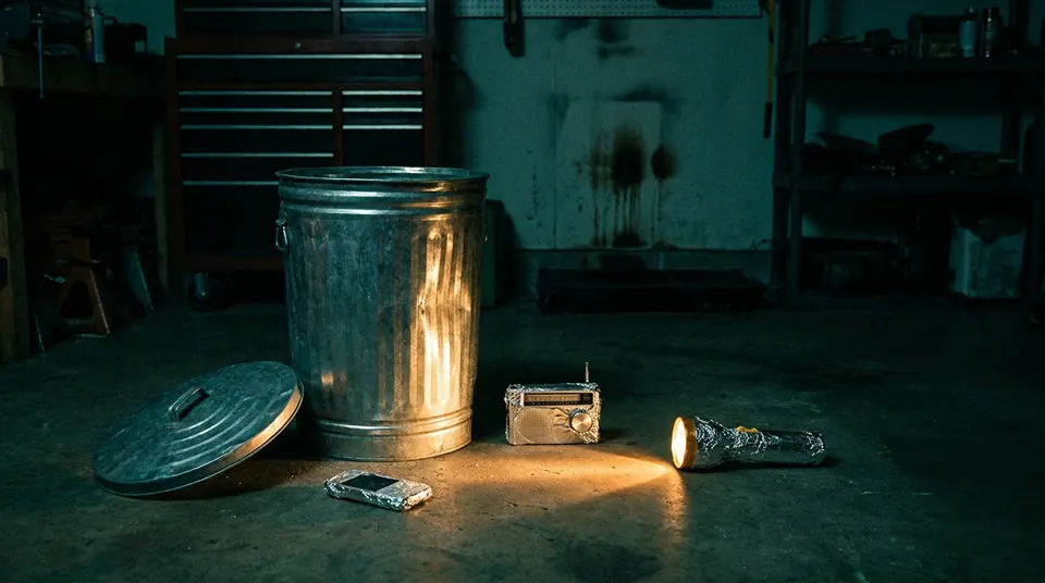Galvanized steel can used as a Faraday cage with foil-wrapped electronics