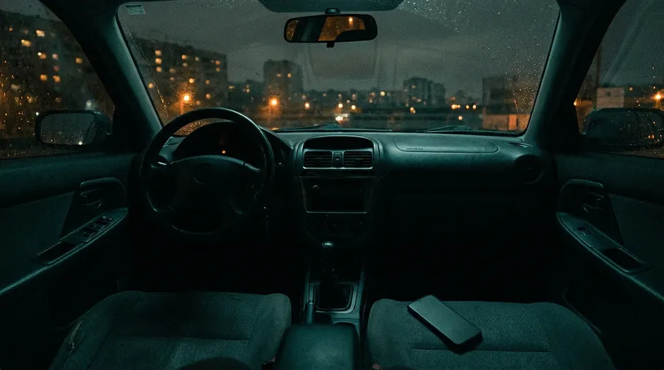 Dark car dashboard and a phone with a black screen during a blackout