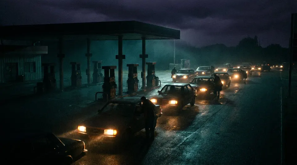 Dark gas station during a blackout with cars waiting in line