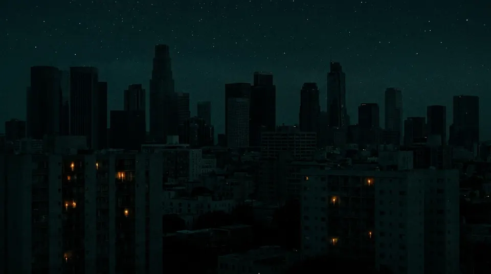 City skyline at night completely dark except a few candlelit windows